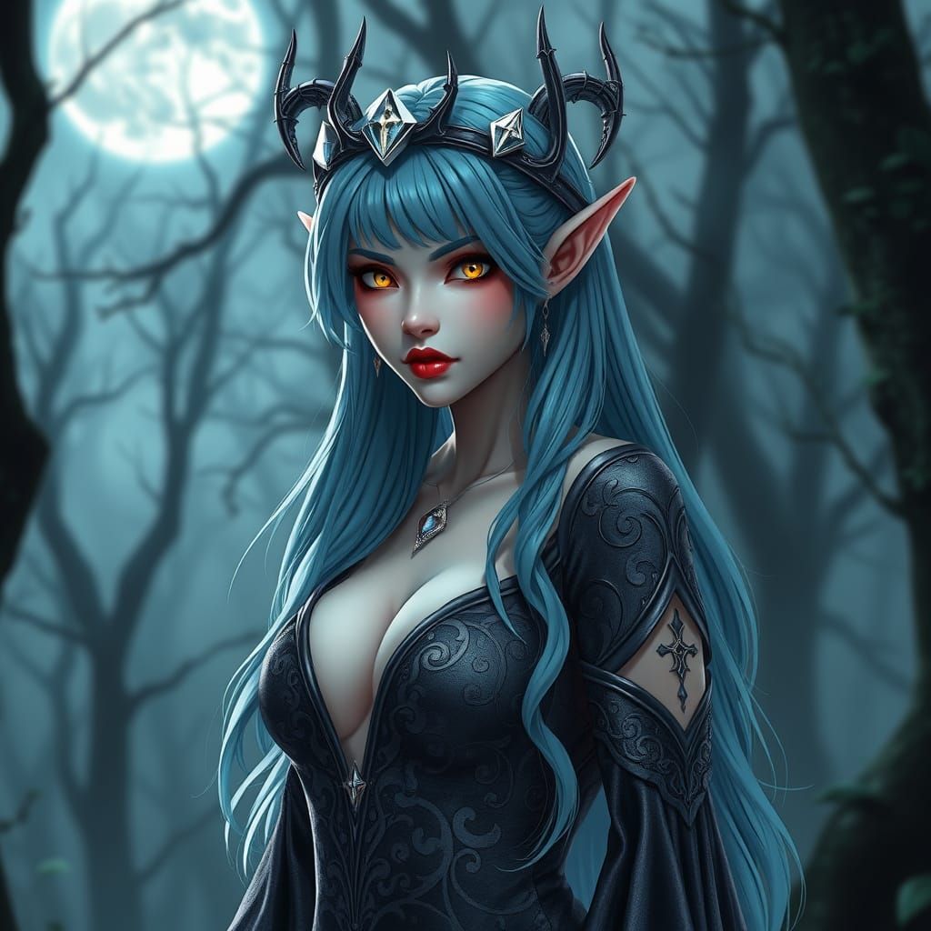 Mystical Elven Witch in Moonlit Forest