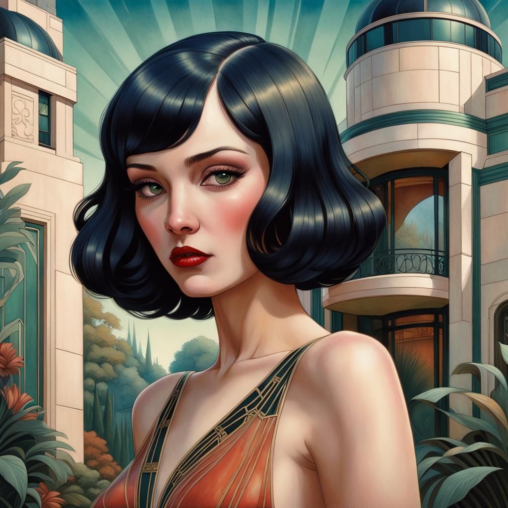 Art Deco Woman in Front of Mansion