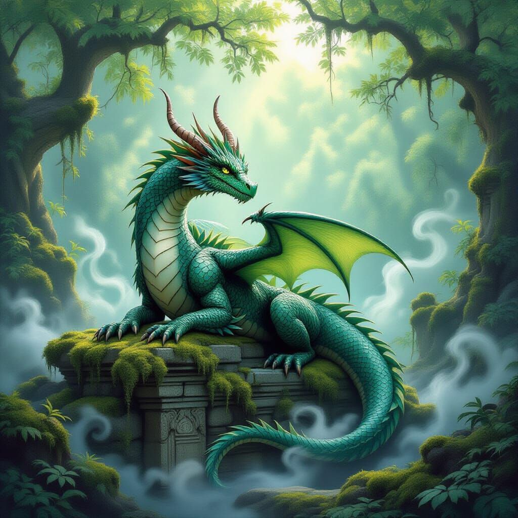 Majestic Dragon on Ancient Ruin in Enchanted Forest