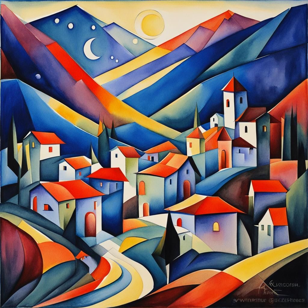 Mountain Village in Moonlight: Watercolor and Ink