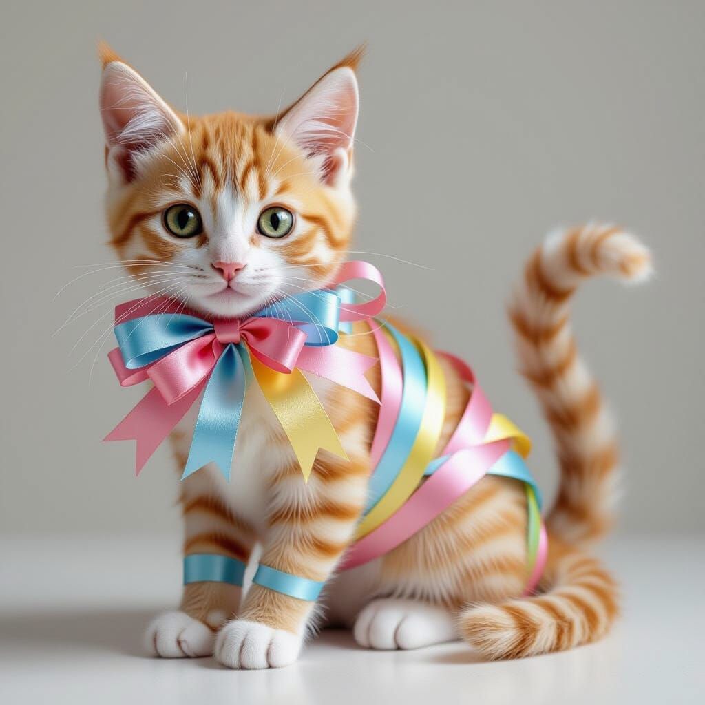 Ribbon Cat Sculpture: A Playful Feline