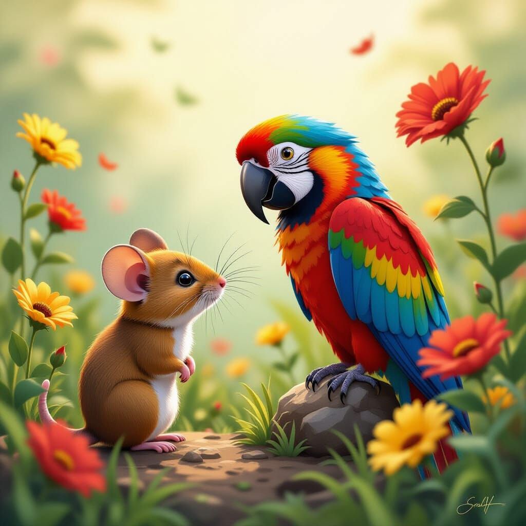 Red Mouse's Secret Admiration: Macaw in Wildflowers