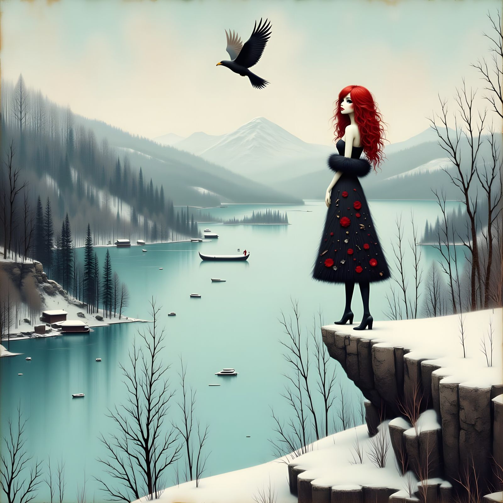 Serene Girl on Cliff Overlooking Winter Lake