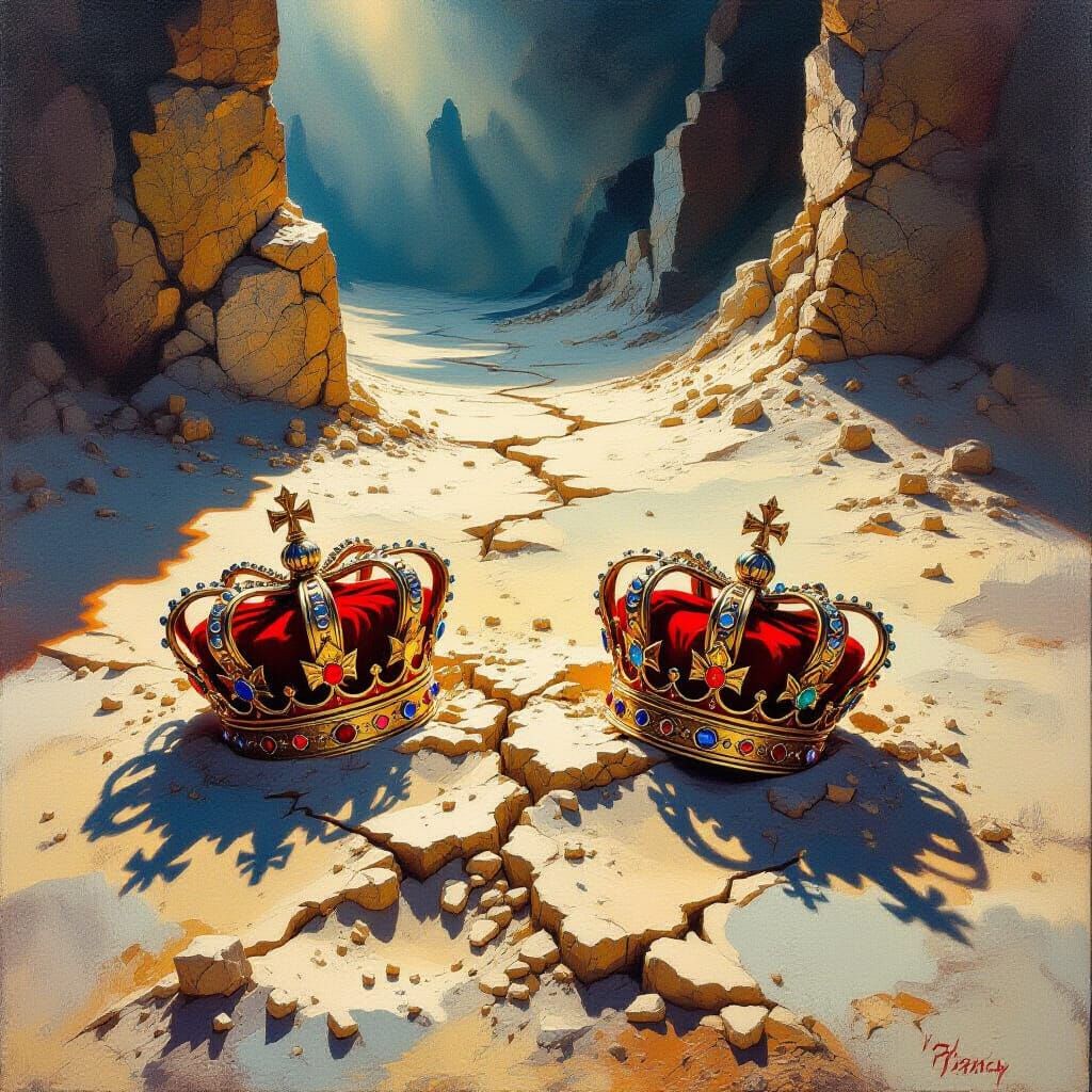 Surreal Oil Painting of Crumbling Royal Crowns in Sand