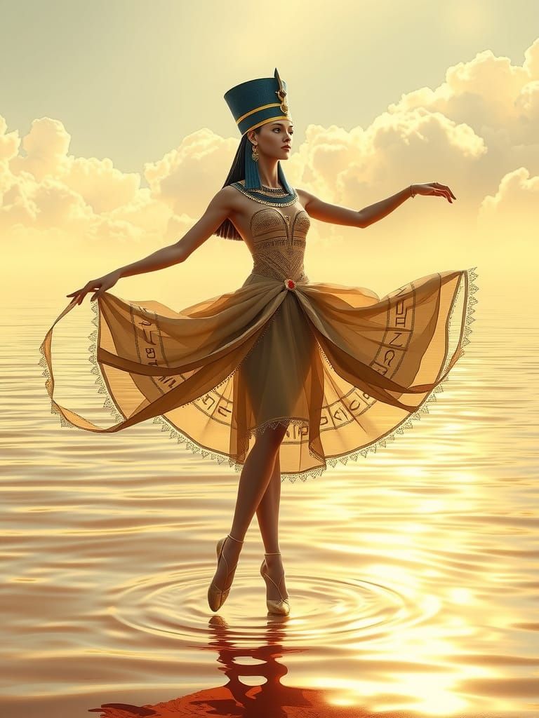 Nefertiti Dances on Golden Water in Ethereal Egyptian Ballet