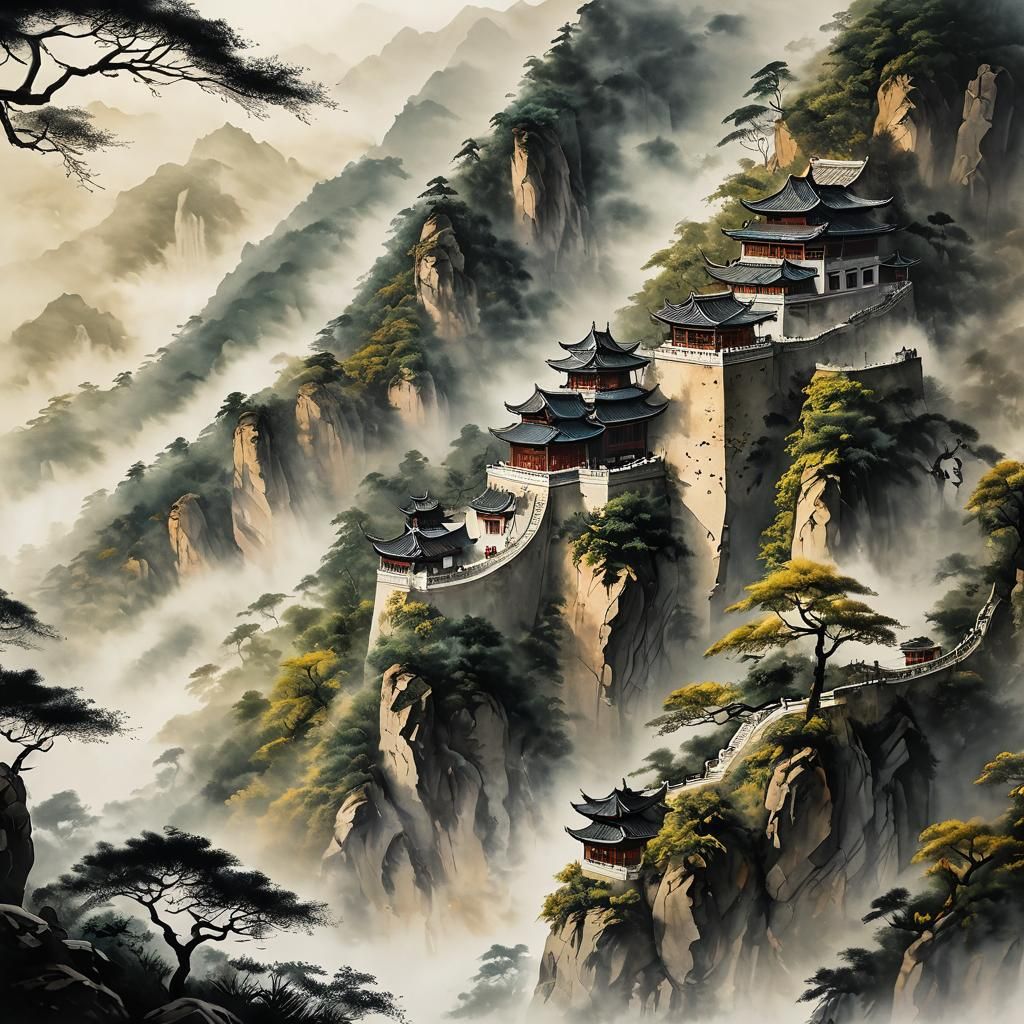 Chinese Wall in Ink Wash Painting Style