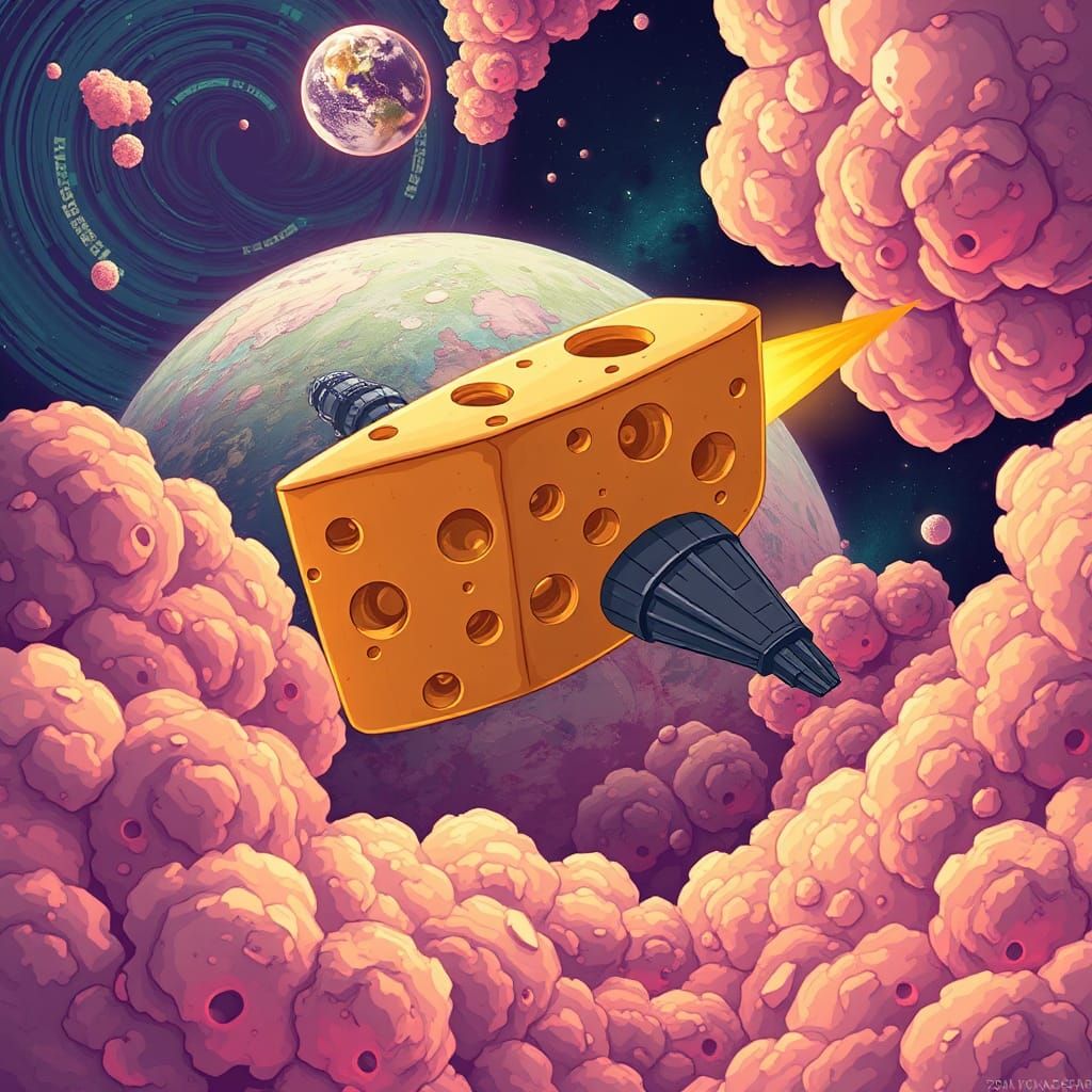 Cheese Spaceship Lands on Emerald Planet in Anime Style