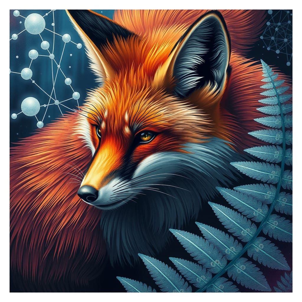 Escher-Inspired Cyberpunk Fox in Hyperrealistic Fern Forest