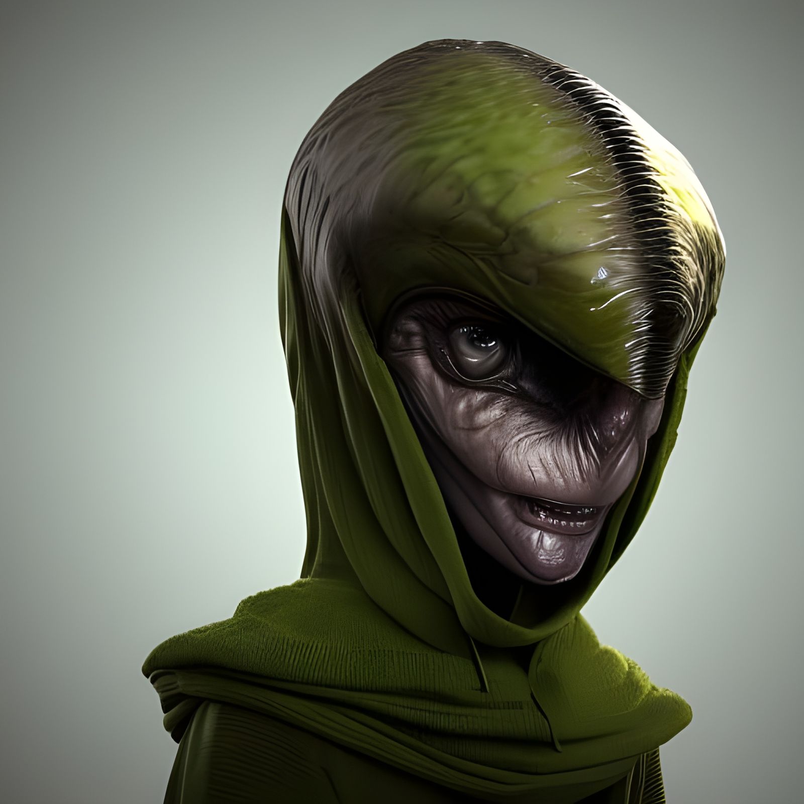 Realistic Alien with Bird Head in Hooded Cloak