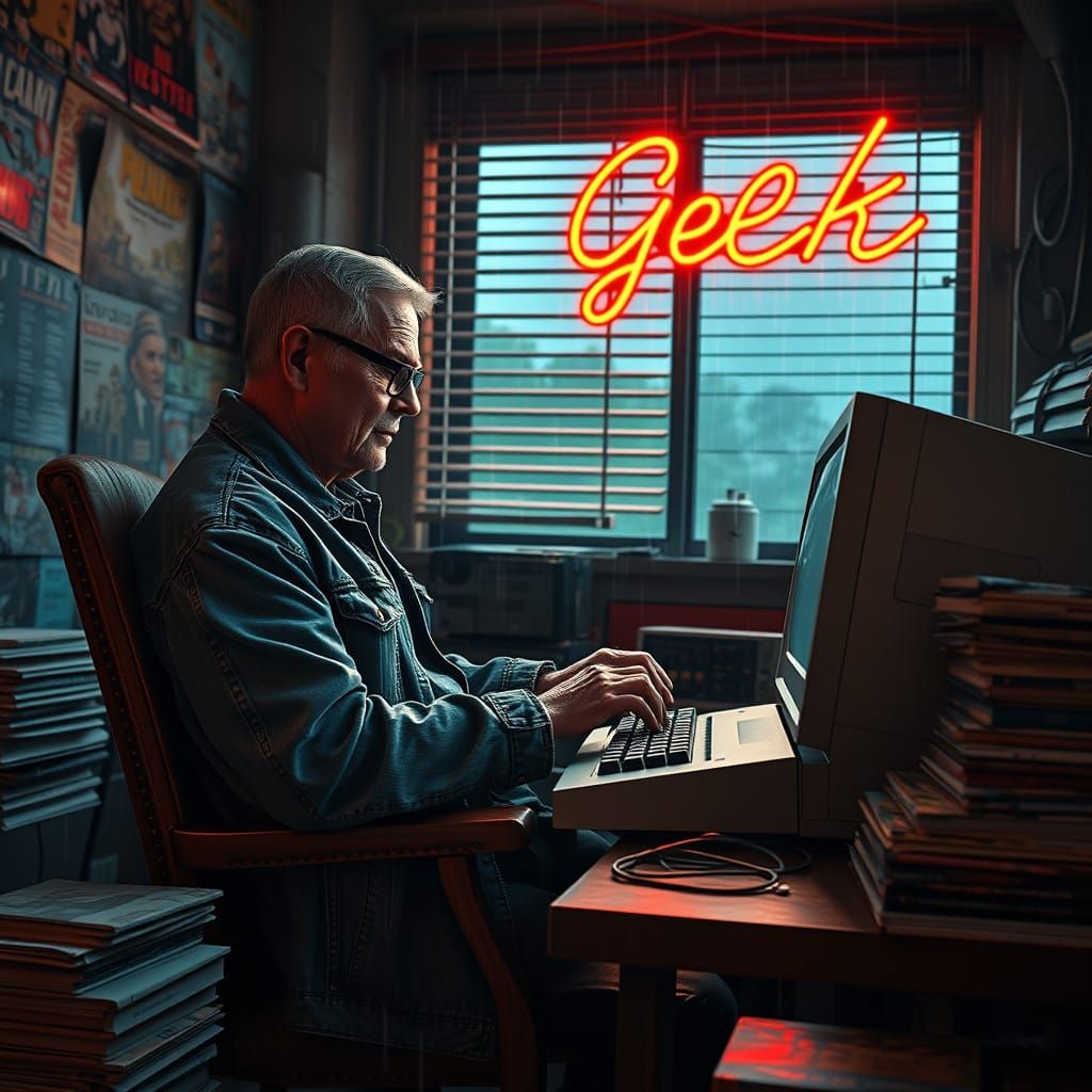 Vintage Gamer in a Dimly Lit Study