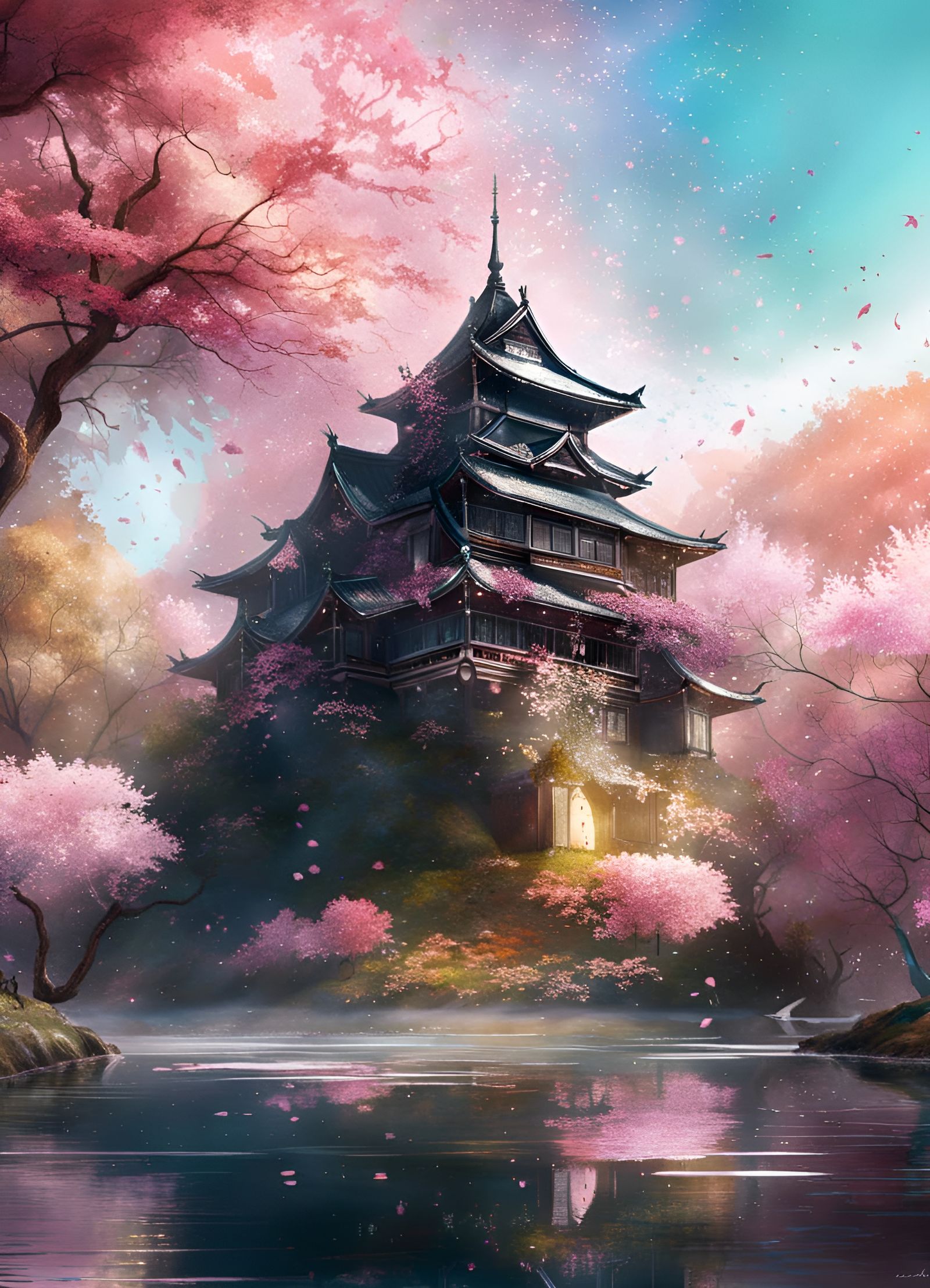 Glittering Sakura Trees and Lake Castle in Sparkle Style