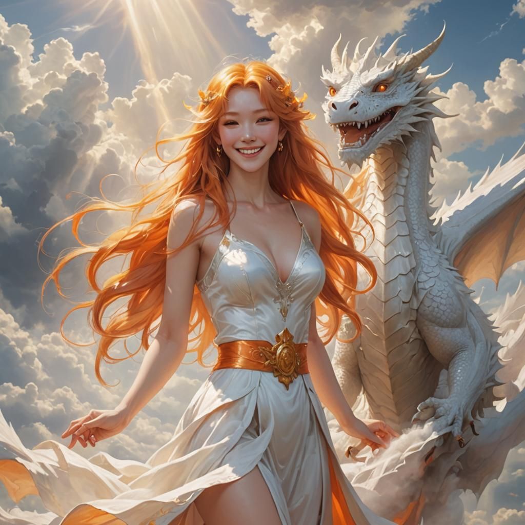 Smiling Woman with Dragon in Divine Light