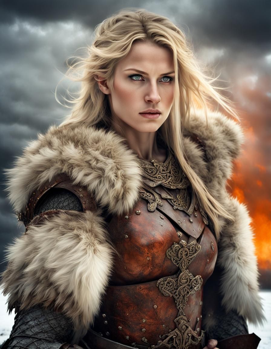 Celtic Warrior Woman Portrait in Snowy Landscape