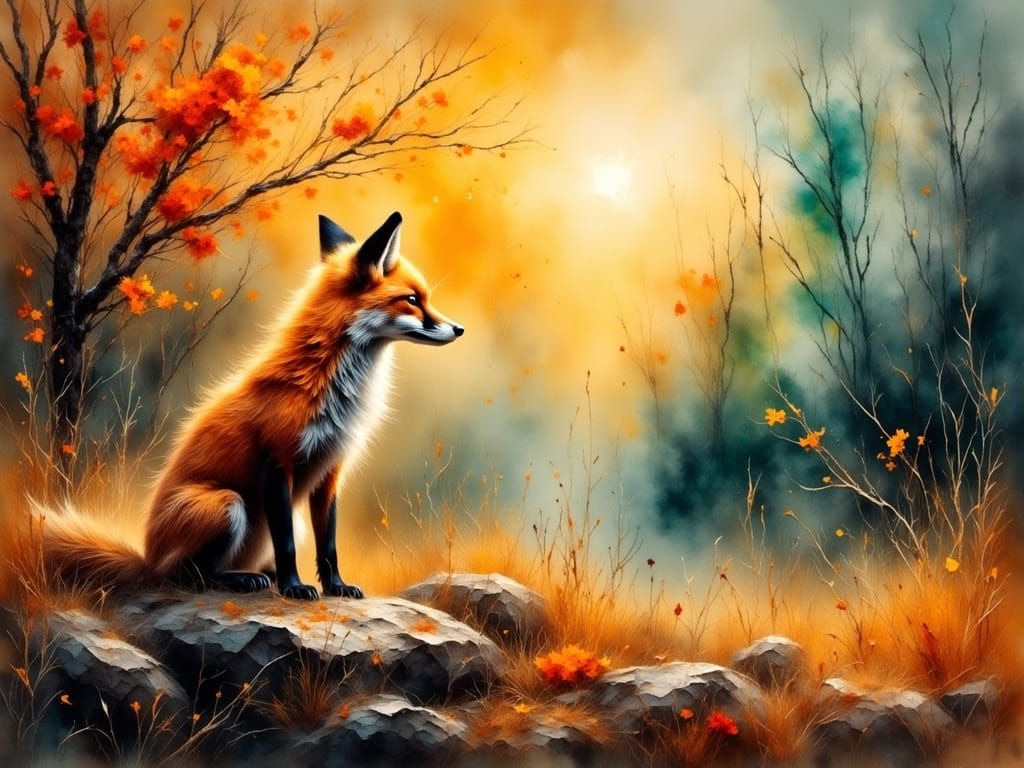 Ethereal Fox in Autumnal Fog, Oil Painting Style