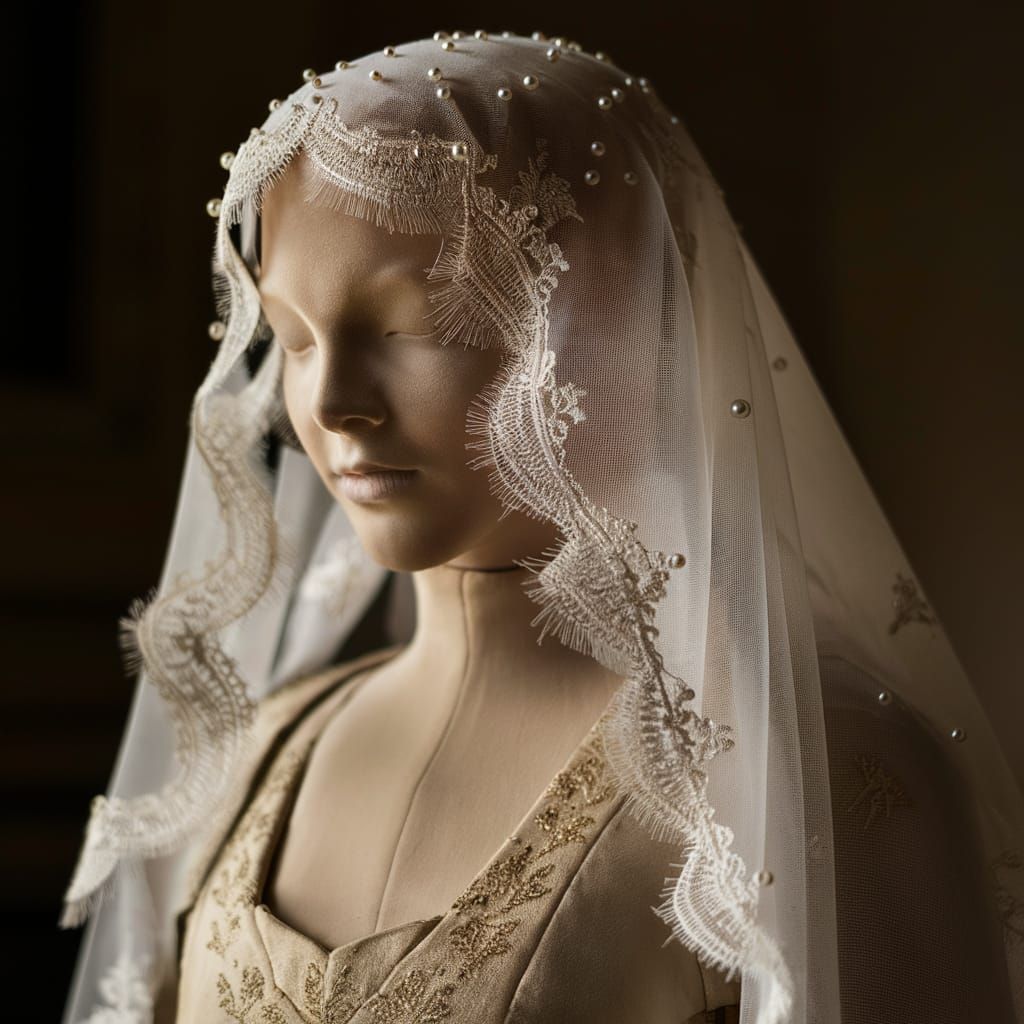 Exquisite Medieval White Veil with Pearls on Dress Form