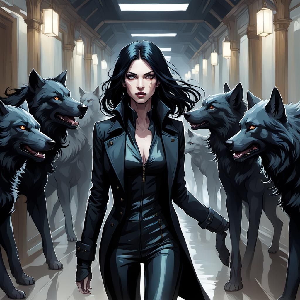 Girl Surrounded by Wolves: Hyperdetailed Portrait