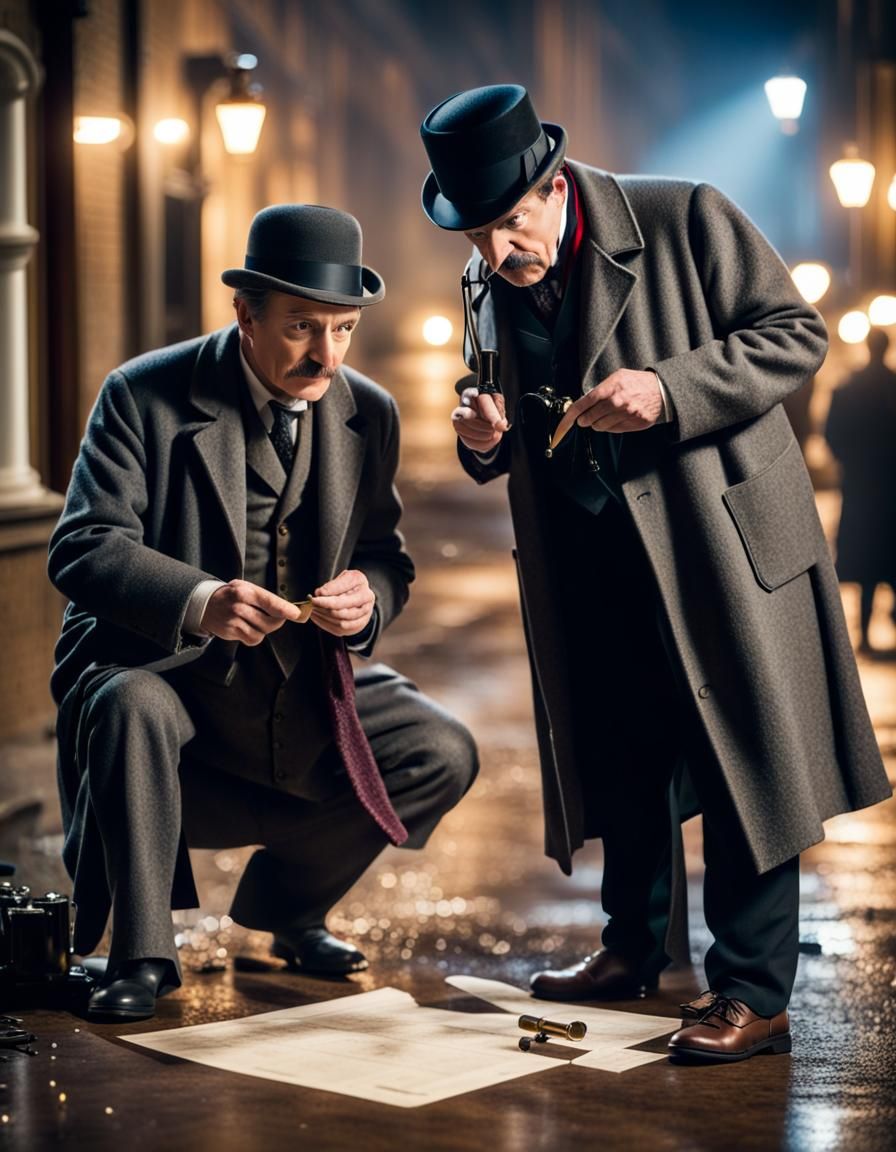 Sherlock Holmes and Doctor Watson examining clues at a crime...