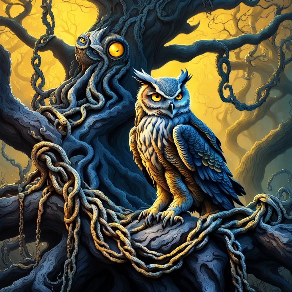 Chained Ancient Tree with Owls: Dark Fantasy Art