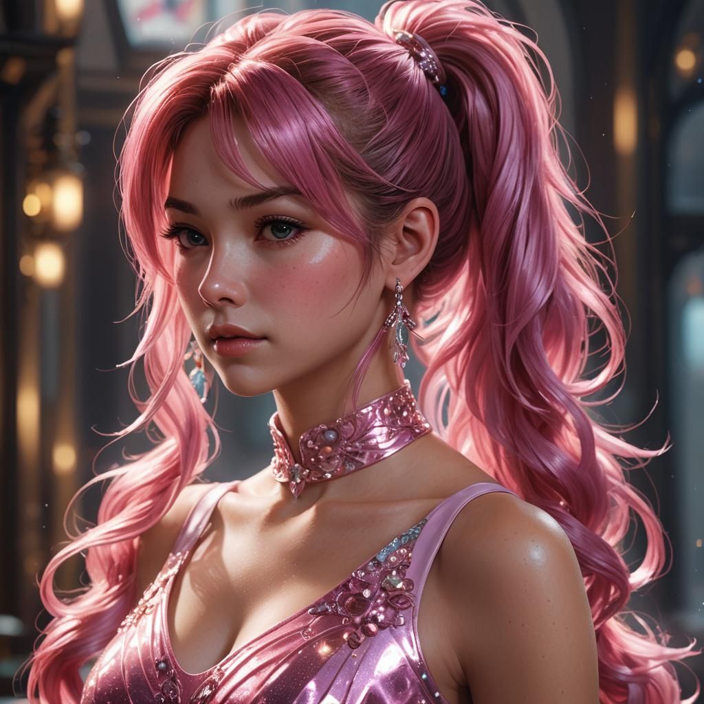 Elegant Anime Girl with Pink Ponytail