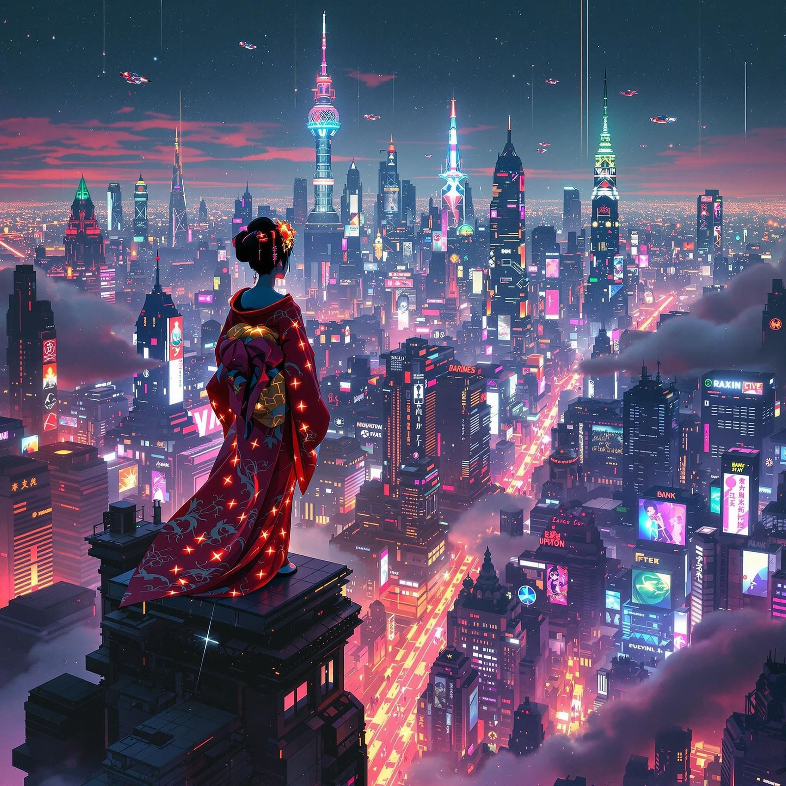 Geisha Gazing at Neon Cyberpunk Cityscape