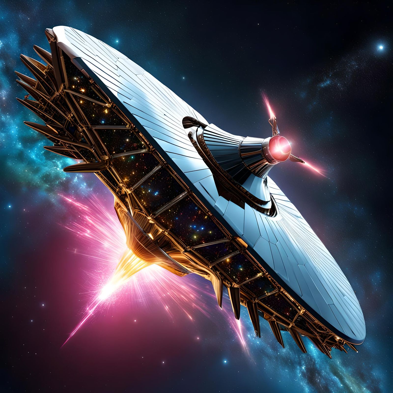 Futuristic Alien Spaceship Among Bright Stars and Nebula