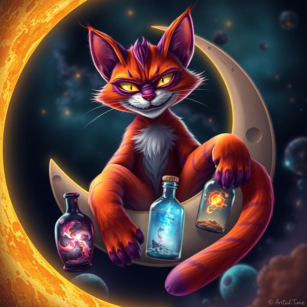 Whimsical Cosmic Cat on Crescent Moon