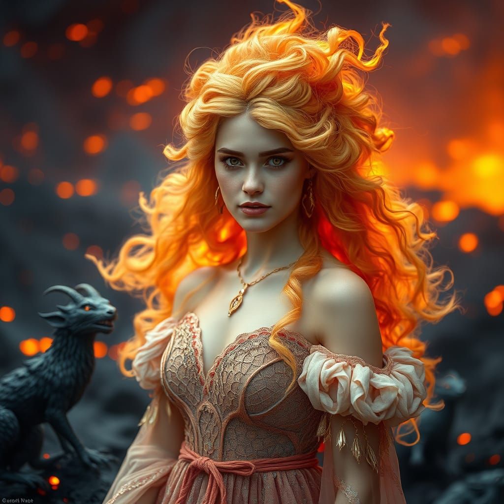 Fire Princess Portrait in Alphonse Mucha Style