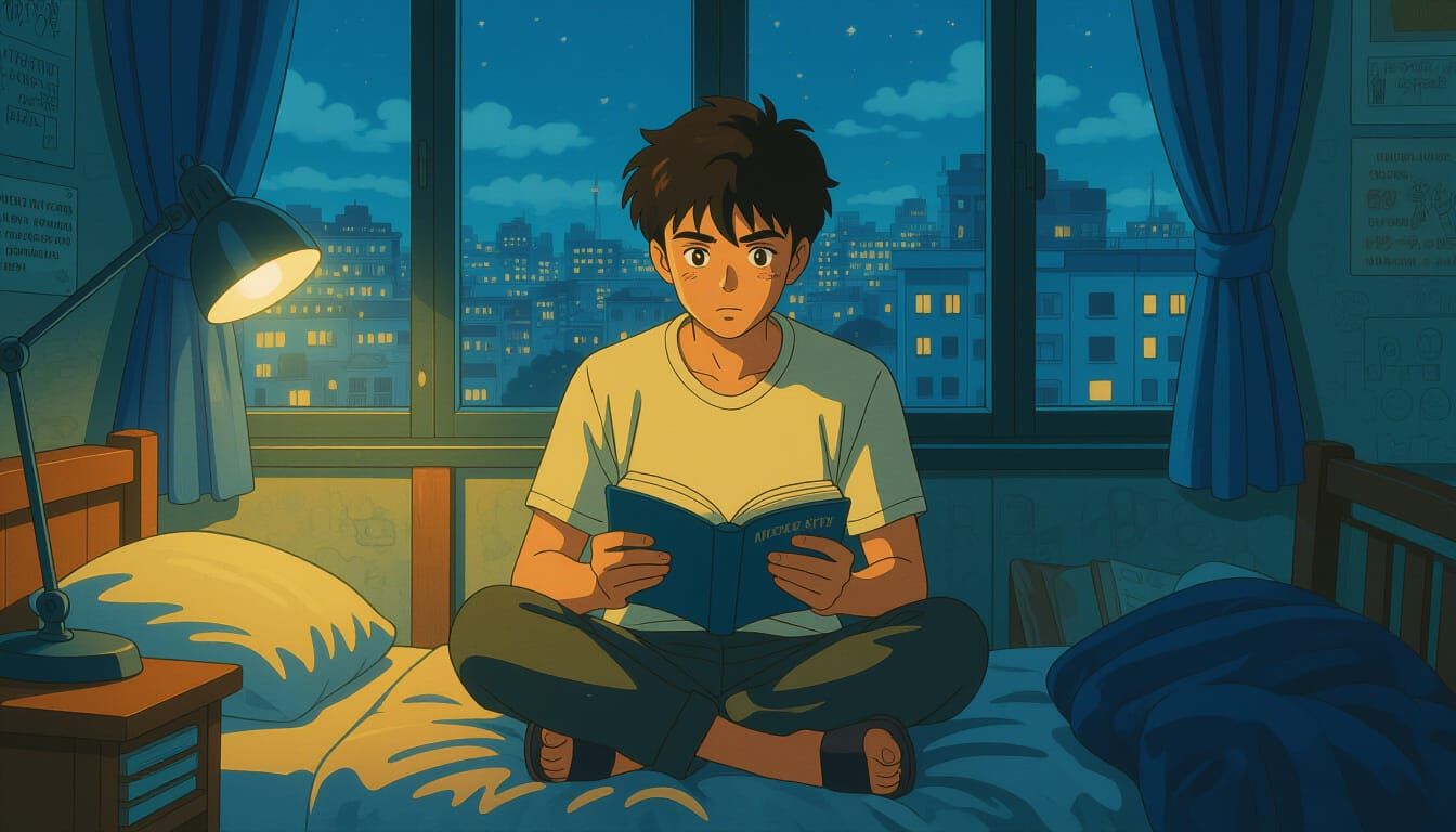 Determined Indian Student Studies Late in Hostel Room