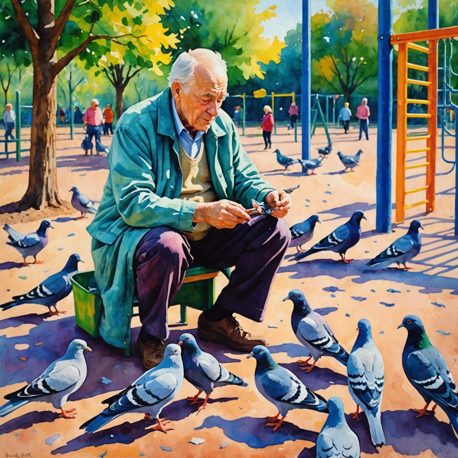 Elderly Man Feeding Pigeons: Expressionist Watercolor