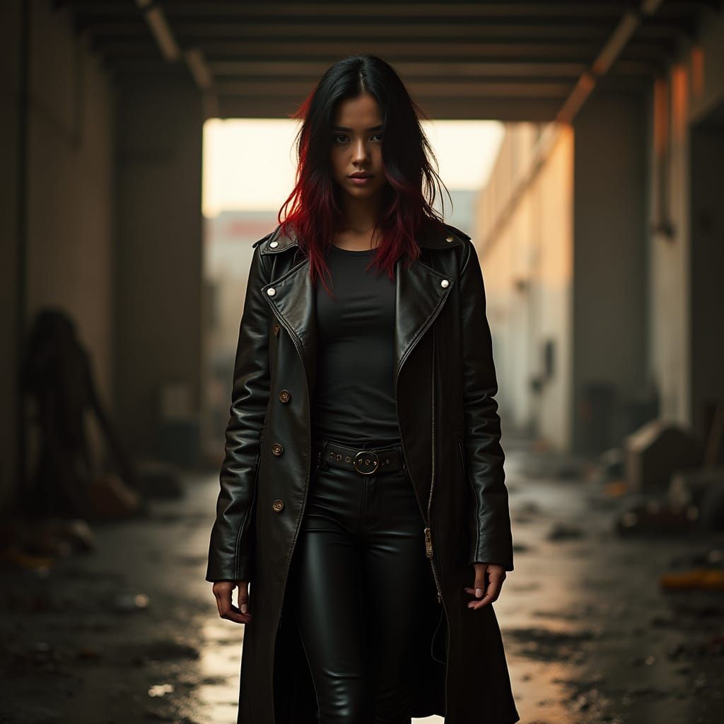 Asian Woman in Leather Trench Coat on Rainy Loading Bay