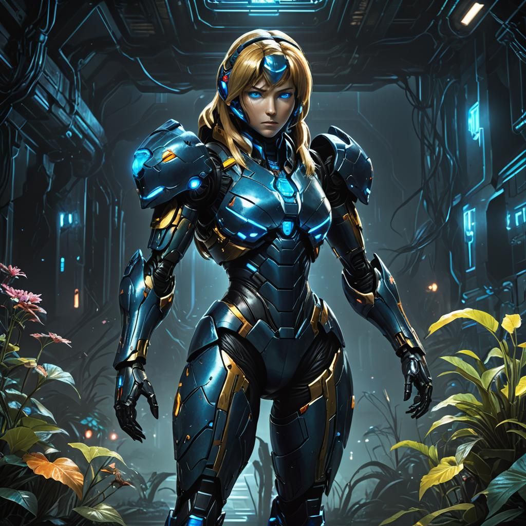 Gothic Sci-Fi Samus Aran in Eerie Metroid Lair