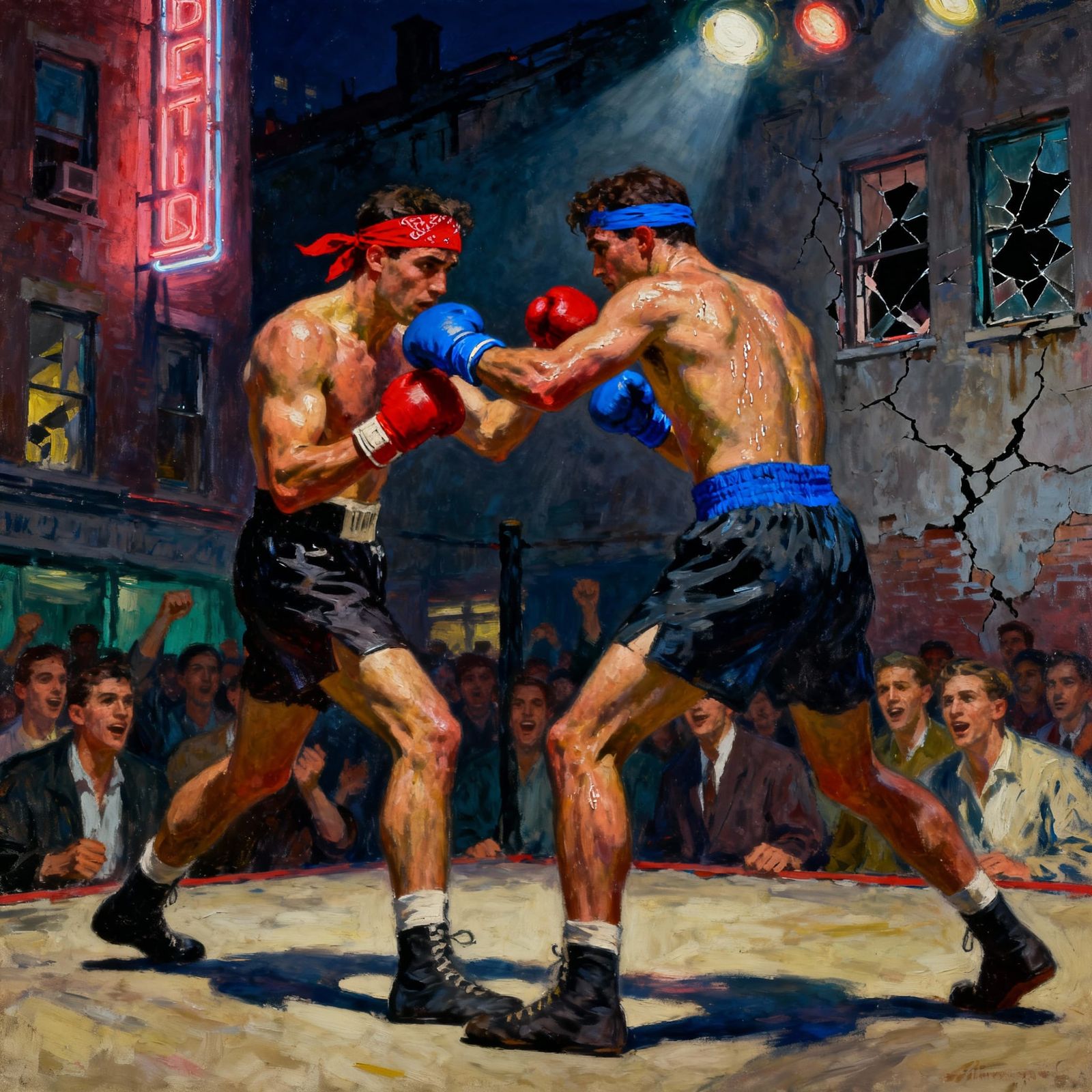 Gritty Street Boxing at Night Under Neon Lights