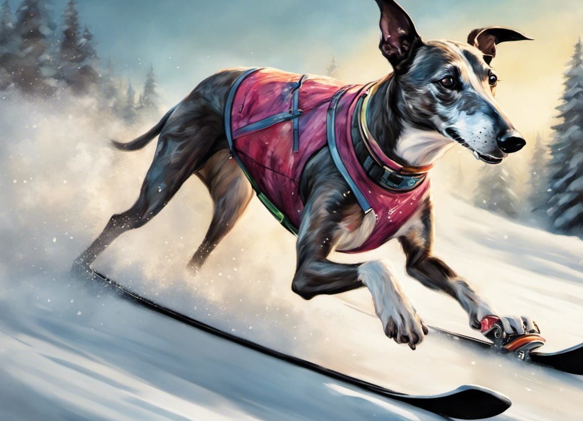 Greyhound Dog Skiing: Hyperrealistic Fantasy Art