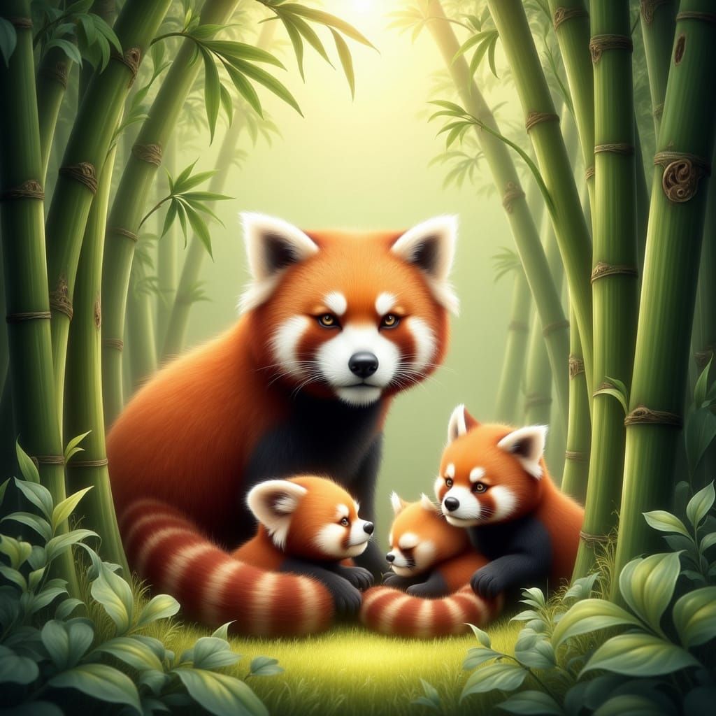 Charming Red Panda Family in Lush Bamboo