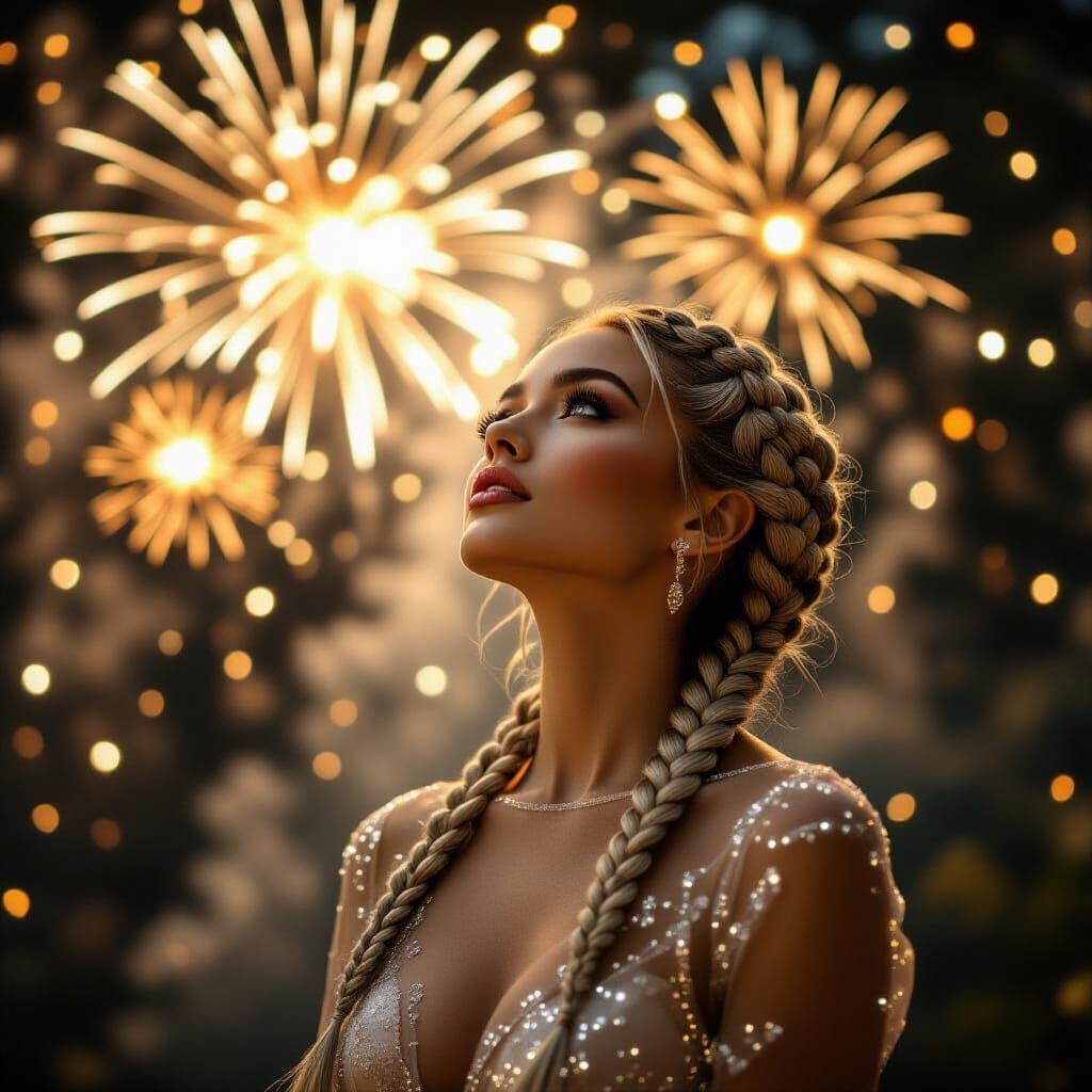 Beauty shot of a mesmerizing woman, with braided silver hair, adorned in a sheer mesh dress, gazing upward in awe, upper...