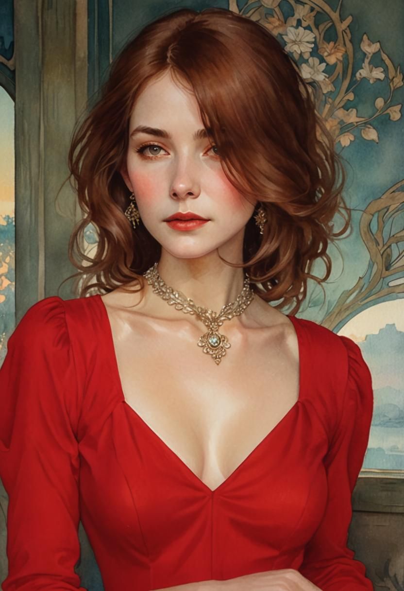 Golden Sunset Woman Portrait in Art Nouveau Style