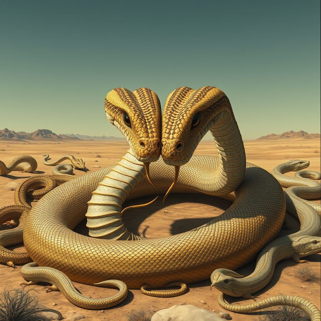 Two-Headed Snake Coiled in Desert Landscape