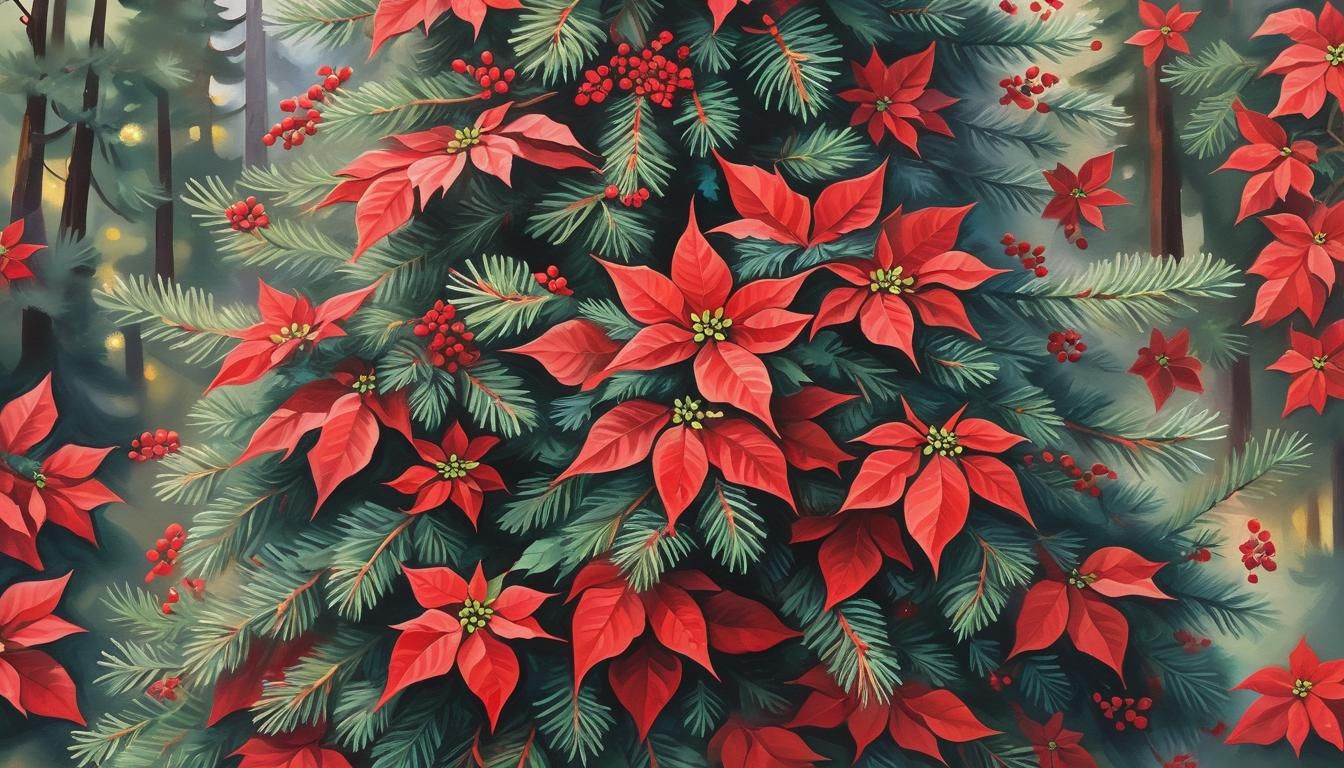Vibrant Gouache Christmas Pine Tree with Red Poinsettias