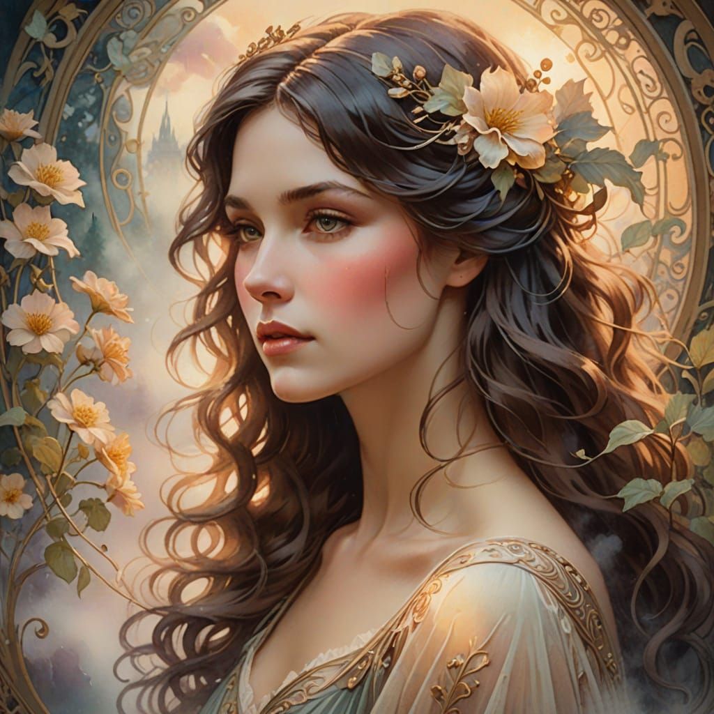 Ethereal Watercolor Portrait of a Woman in a Mystical Misty ...