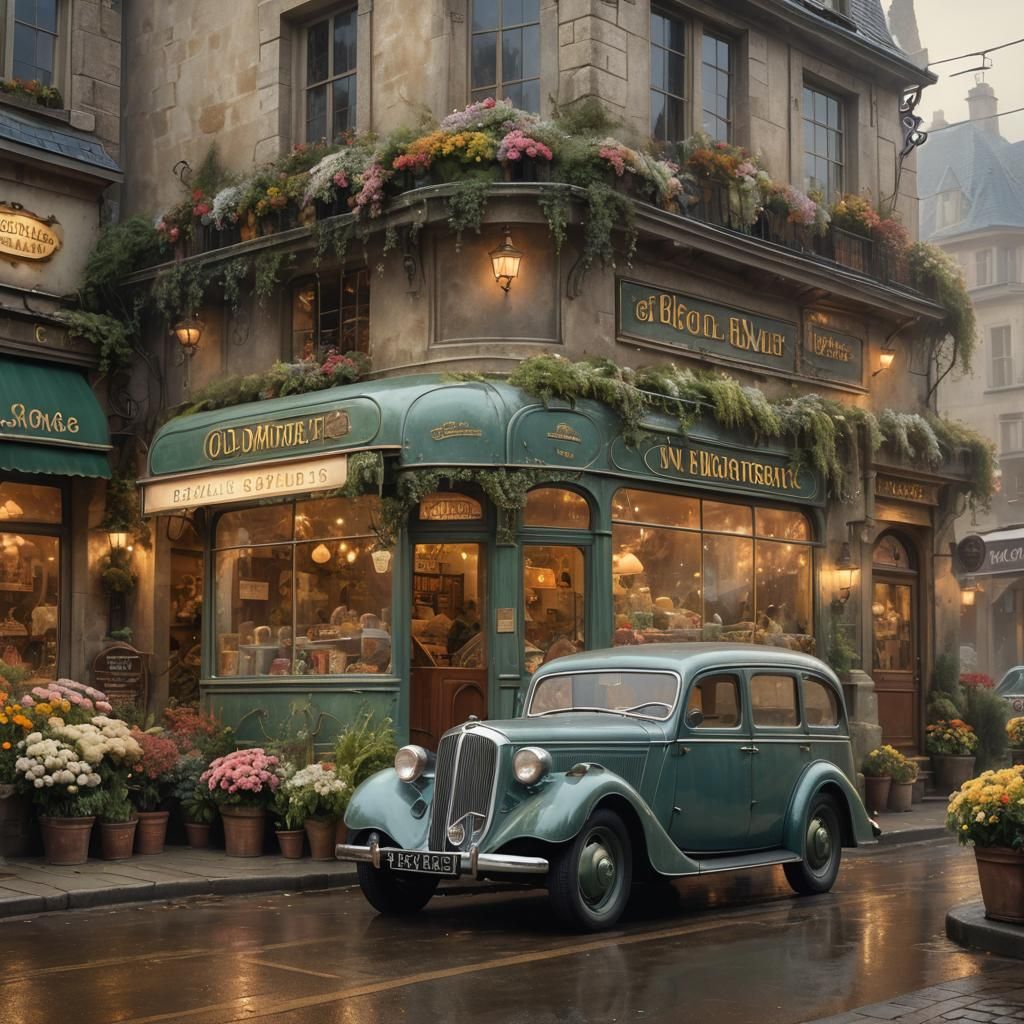 Vintage Bus at French Flowershop in Ethereal Light