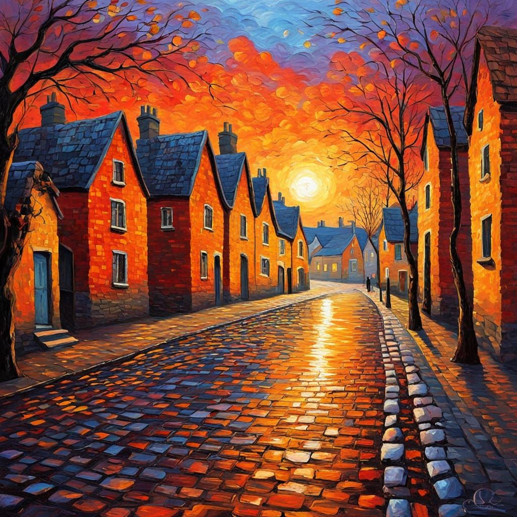 Whimsical Autumn Village Scene in Neo-Impressionist Style