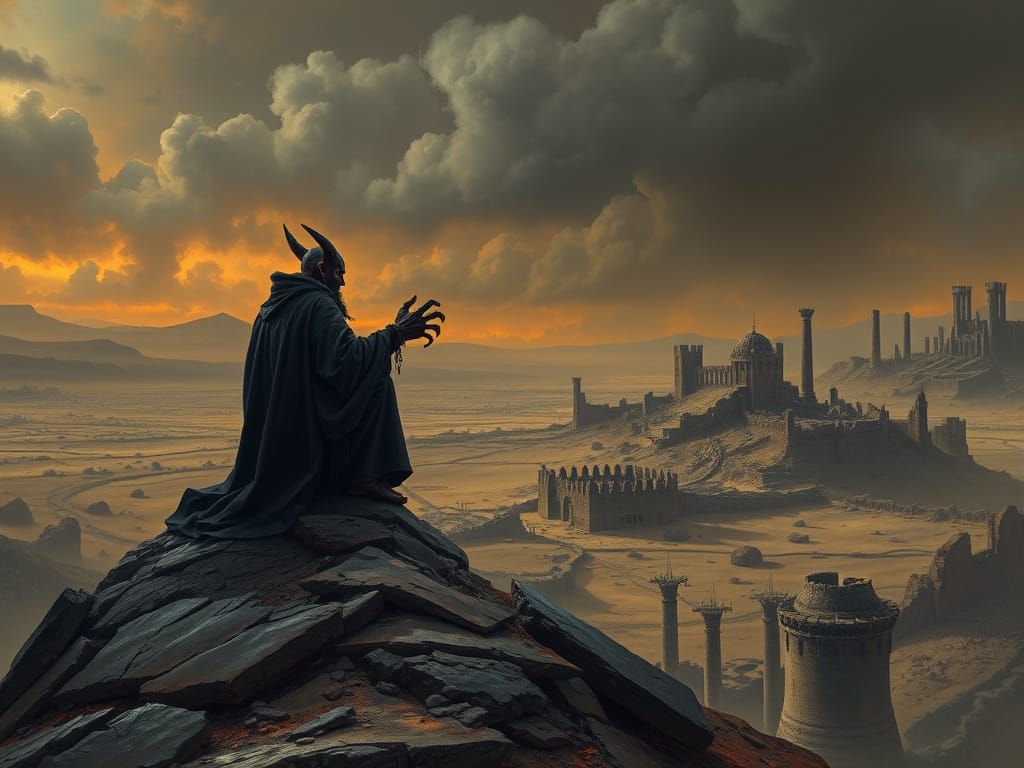 Warlock Overlooking Ruined Kingdom in Dark Fantasy Style