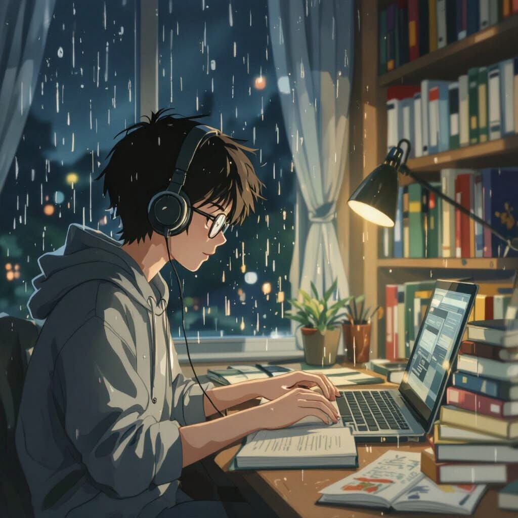 Lofi Boy Studying on Rainy Day as Watercolor