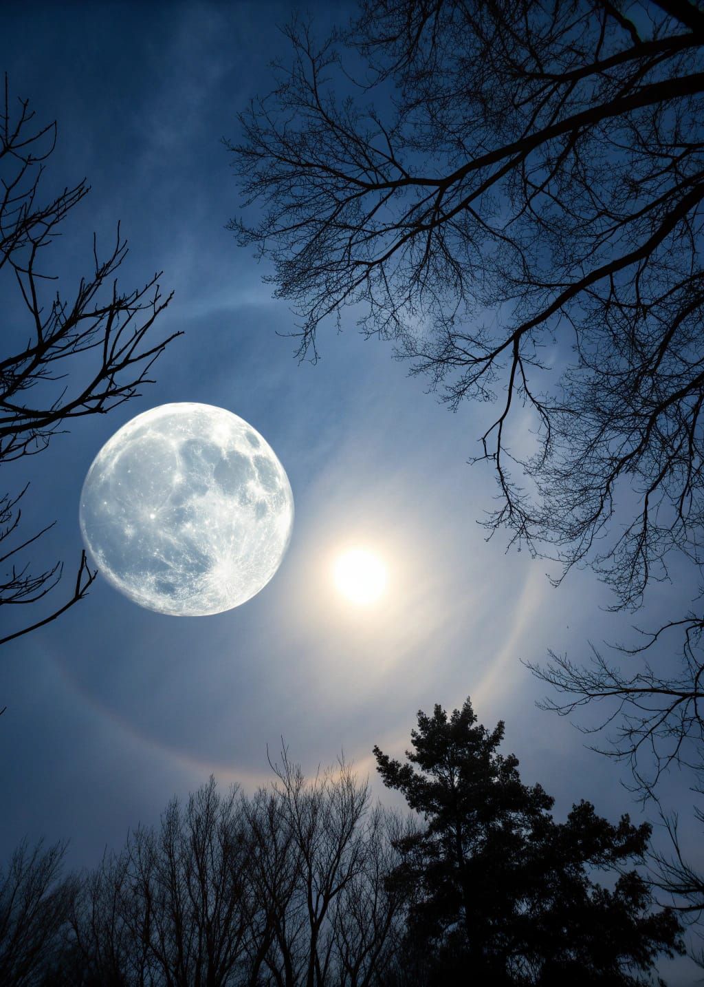 Luminous Full Moon in Hazy Midnight Sky with Tree Silhouette...