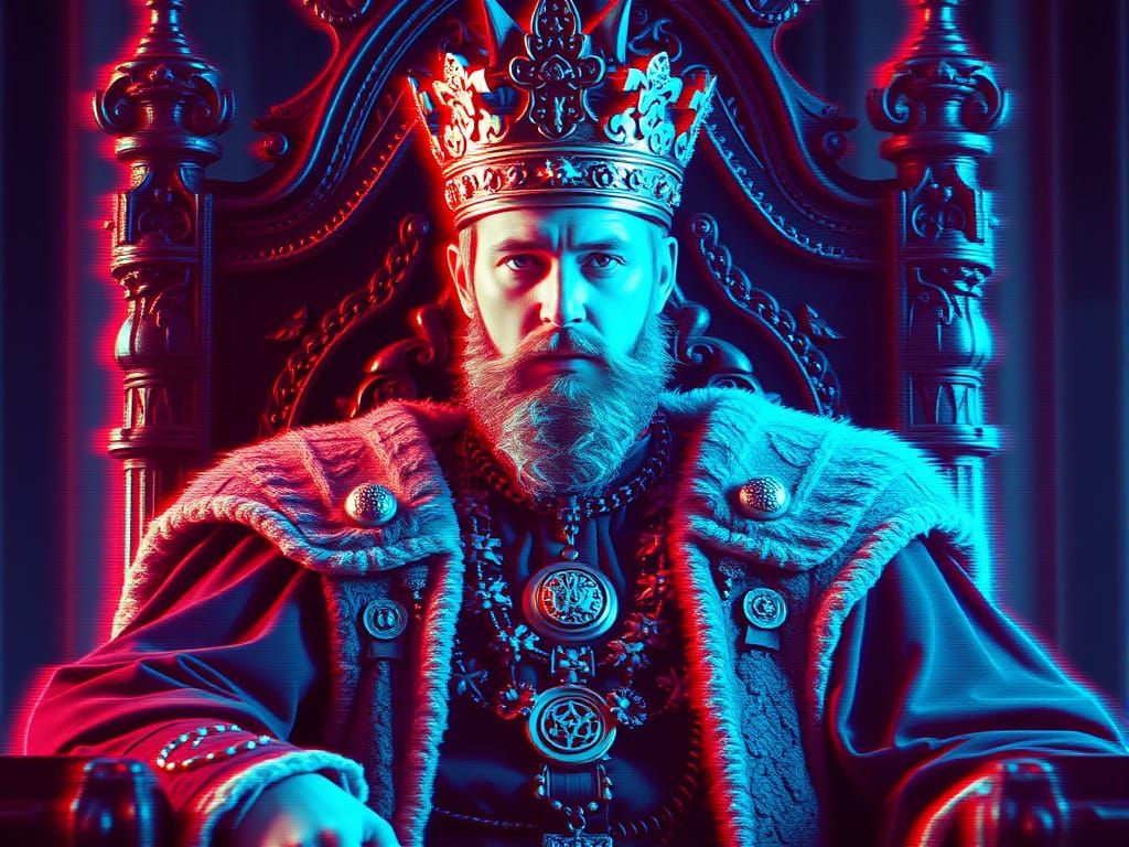 Regal King Portrait in Glitchcore Cyberpunk Style