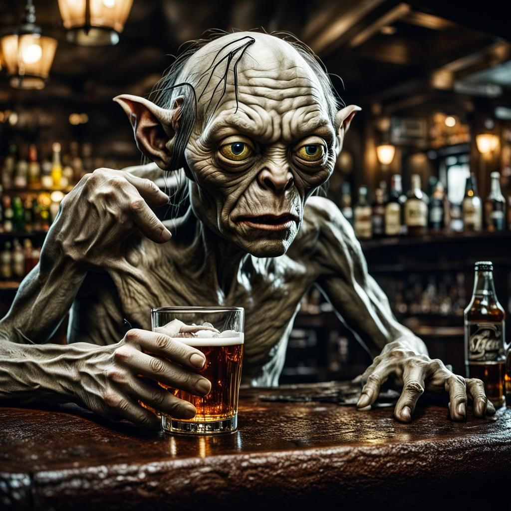 Gollum in a Pub: Hyperrealistic Cinematic Portrait