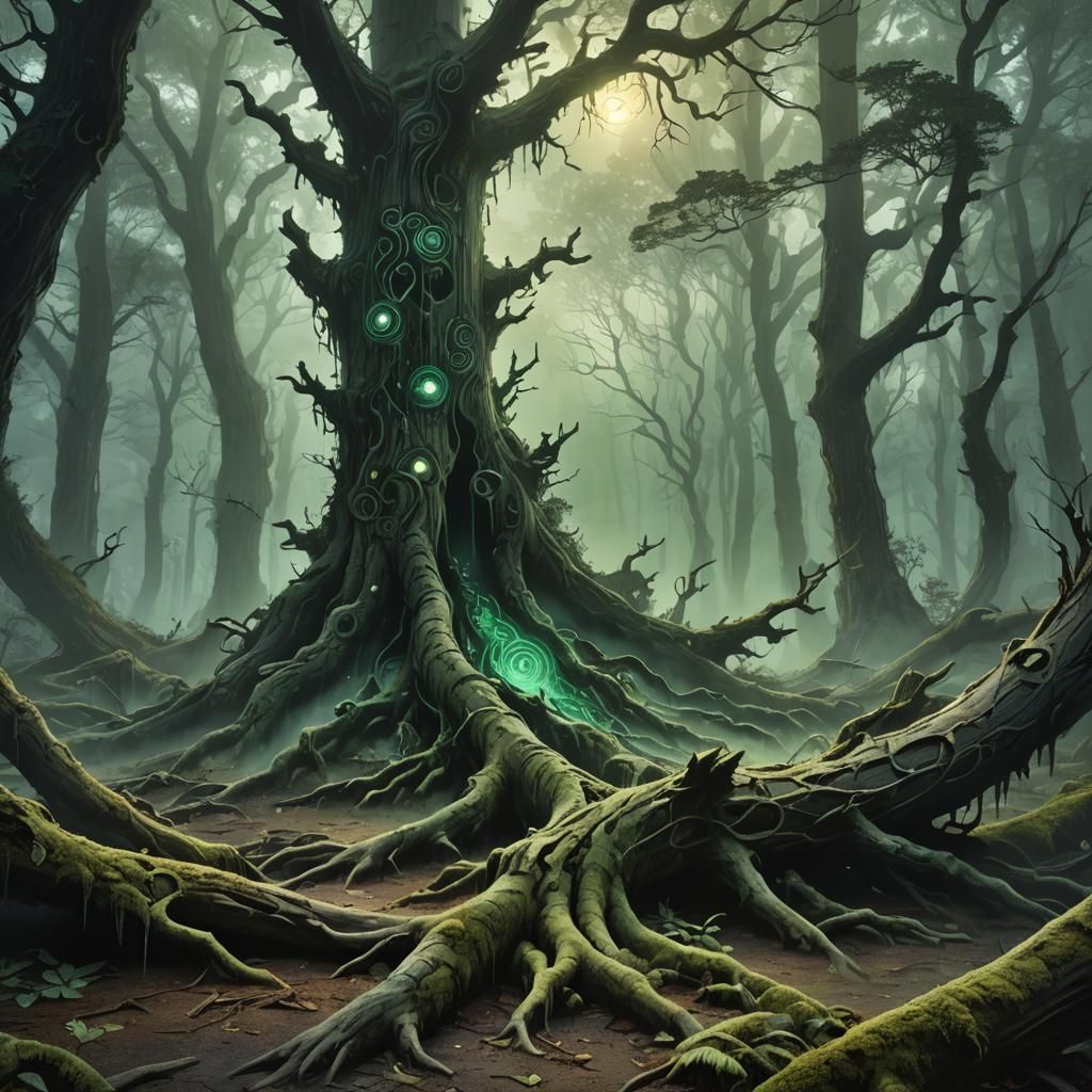 Eerie Glowing Relic in Dark Fantasy Forest
