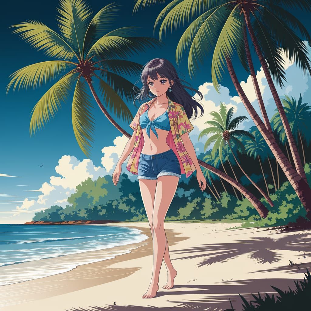 Kawaii Anime Woman on Sunlit Hawaiian Beach