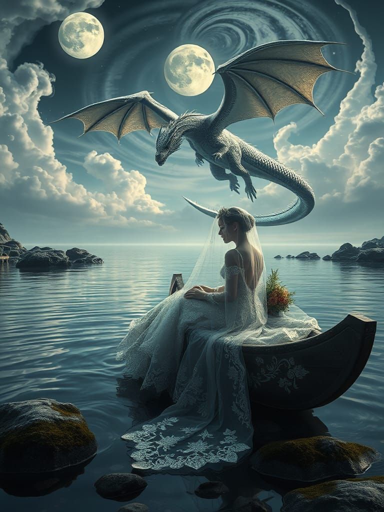 Bride, Dragon, and Lake in Surreal Fantasy Art