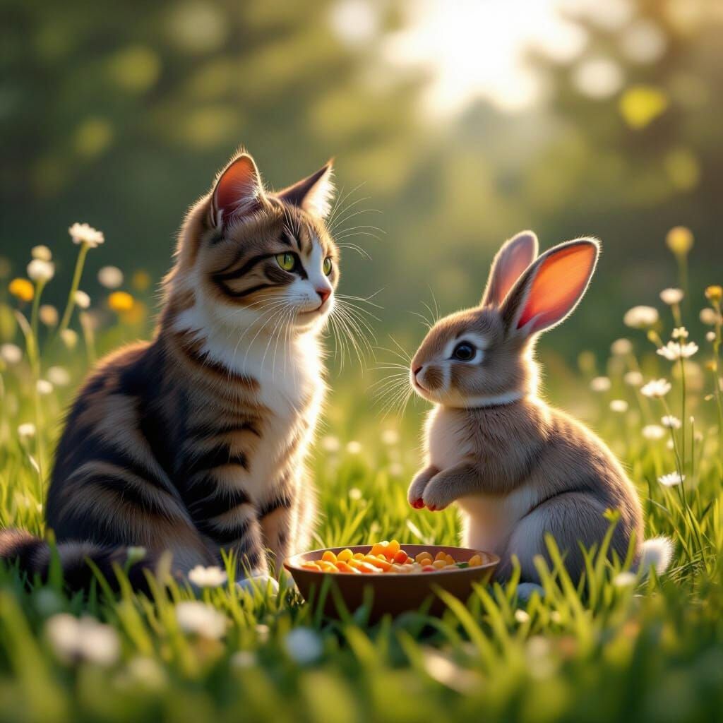 Cat and Bunny in Lush Meadow: 3D Game Cinematic
